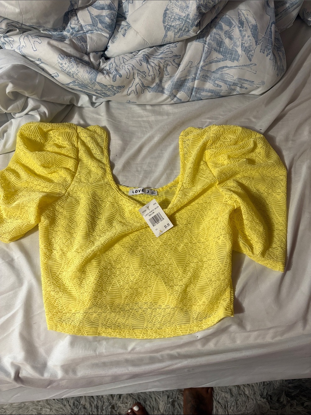 Love Bright Yellow Puff-Sleeve Lace Crop Top